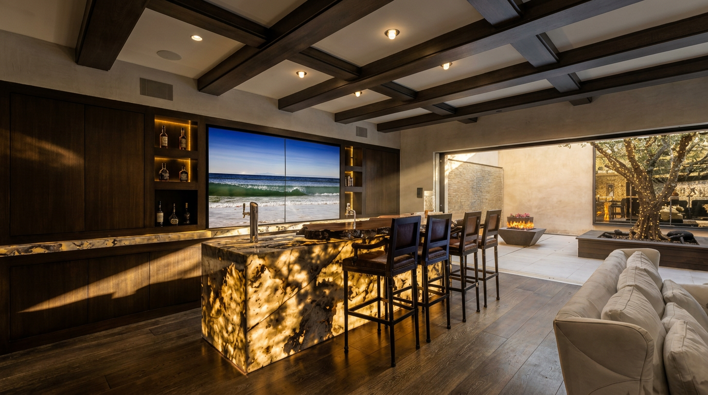 This sophisticated indoor-outdoor living space features a backlit stone bar island as the central focal point, complemented by dark wood cabinetry and a large wall-mounted television. The room transitions seamlessly to an outdoor patio through a wide opening, revealing a fire feature and a decorative tree illuminated by string lights. The coffered ceiling with recessed lighting and dark wood beams adds a sense of architectural depth and luxury to the room.