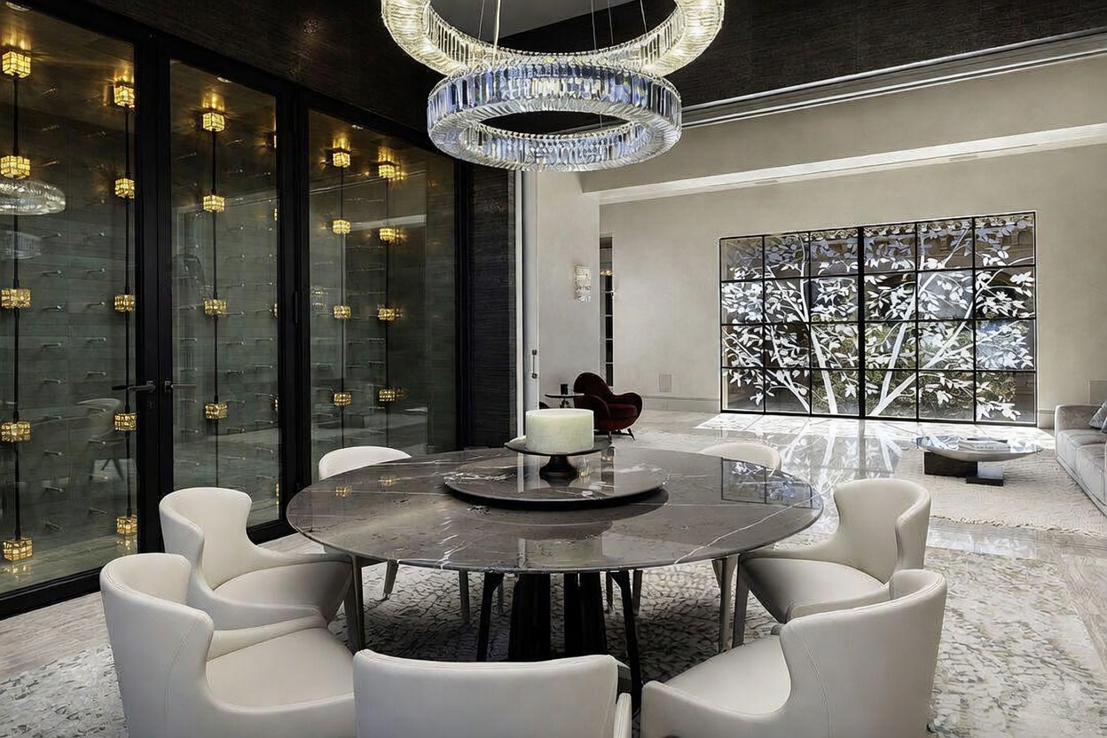 This sophisticated dining area features a large, circular stone-topped table surrounded by six modern, cream-colored upholstered chairs. A striking, multi-tiered crystal chandelier serves as the focal point above the table, while a glass-enclosed wine display with integrated lighting lines the left wall. The space opens into an adjacent living area, which is defined by a large, decorative metal screen featuring a tree motif and a neutral-toned area rug.