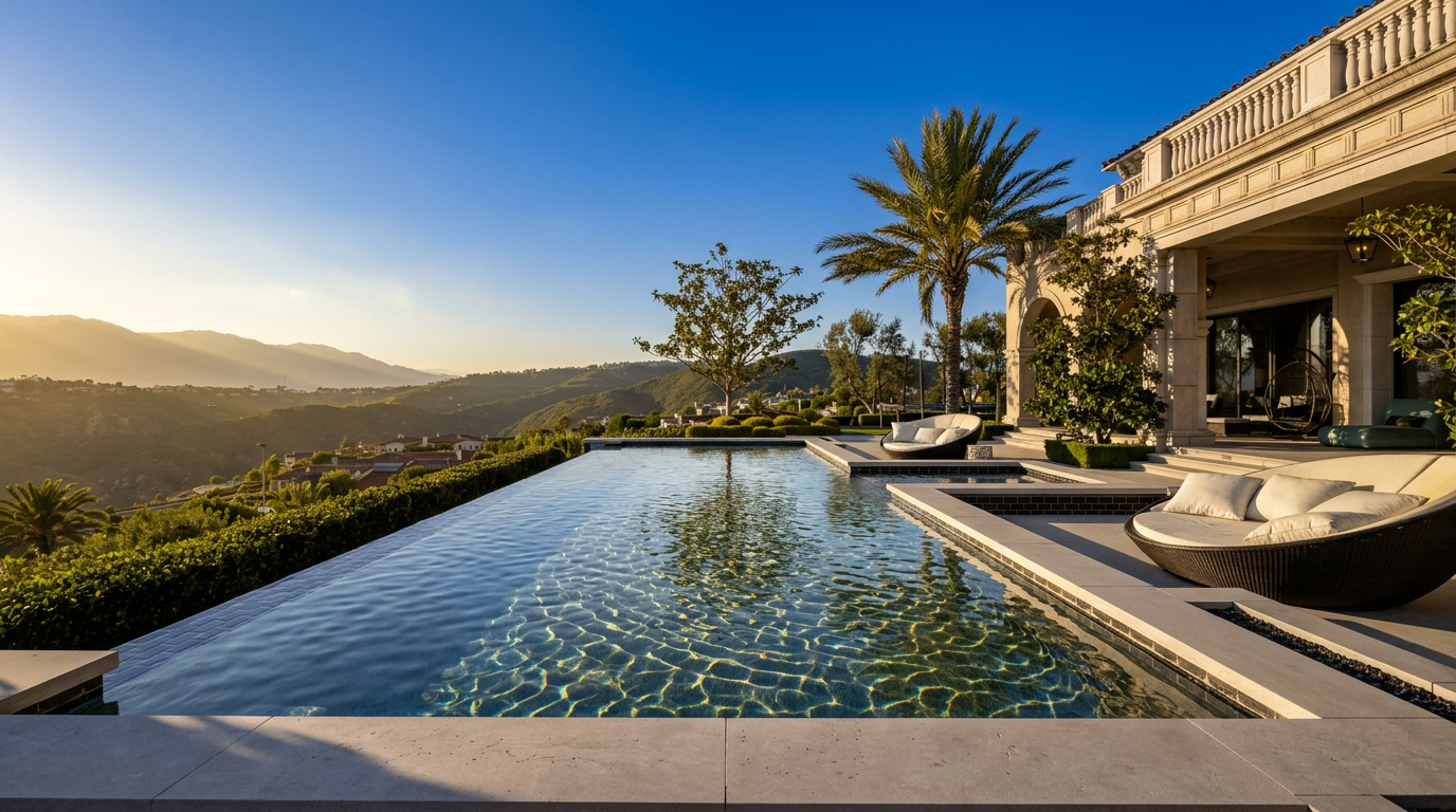 This luxurious outdoor space features a long, rectangular infinity-edge pool that overlooks a vast, rolling hillside landscape. The pool deck is paved with light-toned stone and includes modern, curved lounge seating, while a tall palm tree adds a tropical touch to the scene. The perspective captures the seamless transition between the elegant home architecture and the expansive natural views beyond.