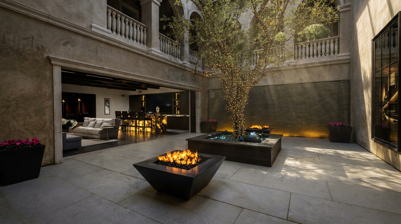 This luxurious courtyard features a central olive tree surrounded by a raised planter and a modern square fire pit on a stone-paved patio. The space seamlessly transitions into an indoor lounge area through a wide opening, showcasing a bar with illuminated stone accents and contemporary seating. The architectural design includes a second-story balcony with a balustrade overlooking the courtyard, creating an elegant and sophisticated outdoor living environment.