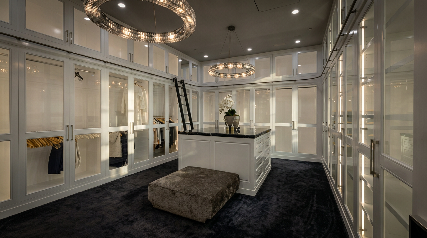 This expansive walk-in closet features custom white cabinetry with glass-front doors and integrated lighting, creating a bright and organized storage space. A central island with a dark stone top provides additional storage and a surface for accessories, while a plush, dark-toned ottoman sits on the carpeted floor. The room is illuminated by two circular crystal chandeliers and includes a rolling library-style ladder for accessing the upper storage tiers.