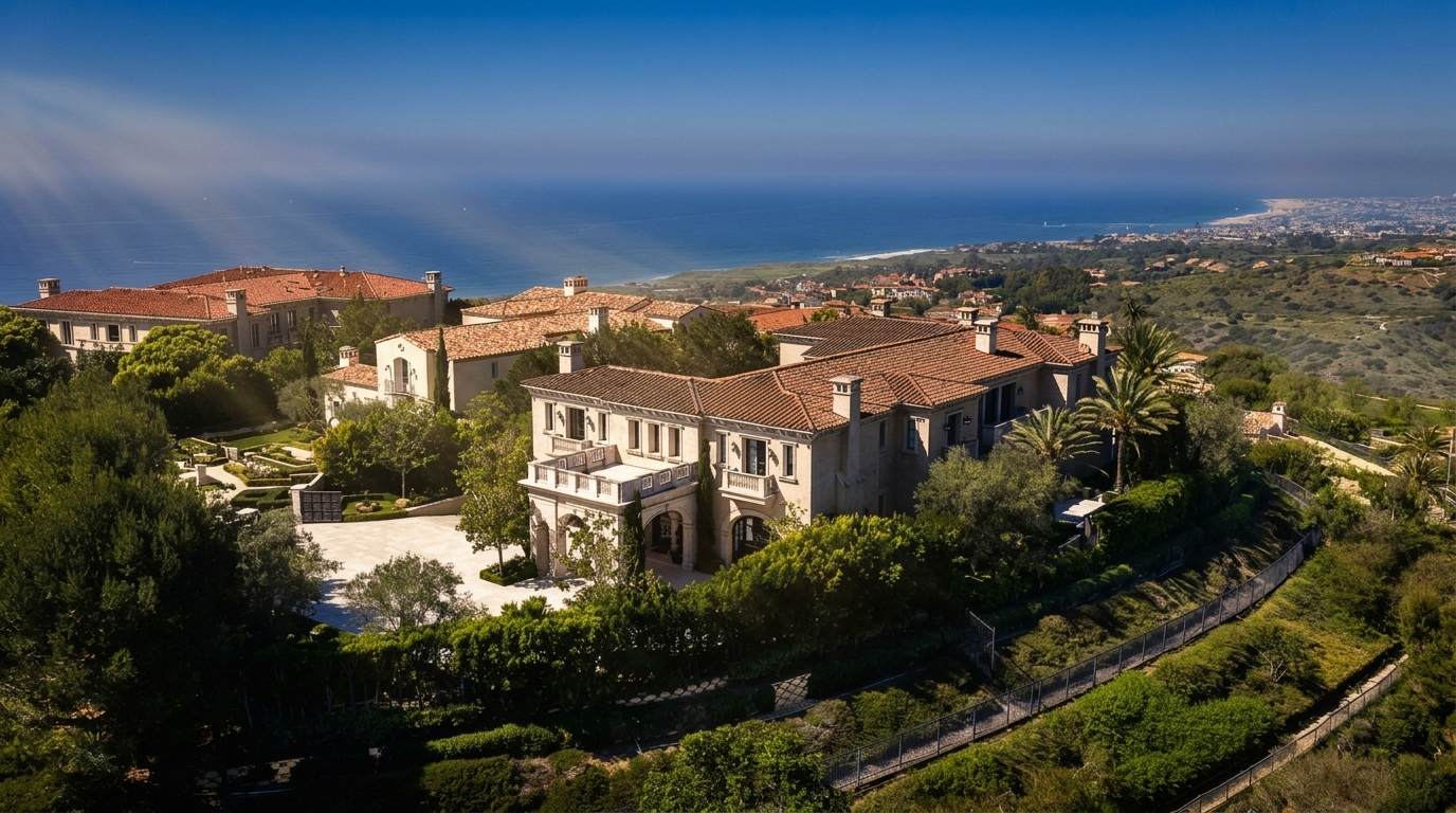 This high-angle aerial view captures a sprawling Mediterranean-style estate perched on a hillside overlooking the ocean. The property features a multi-winged residence with terracotta tile roofing, expansive paved courtyards, and meticulously manicured landscaping. The composition highlights the home's prime coastal location, emphasizing the seamless integration between the luxury architecture and the surrounding natural terrain.