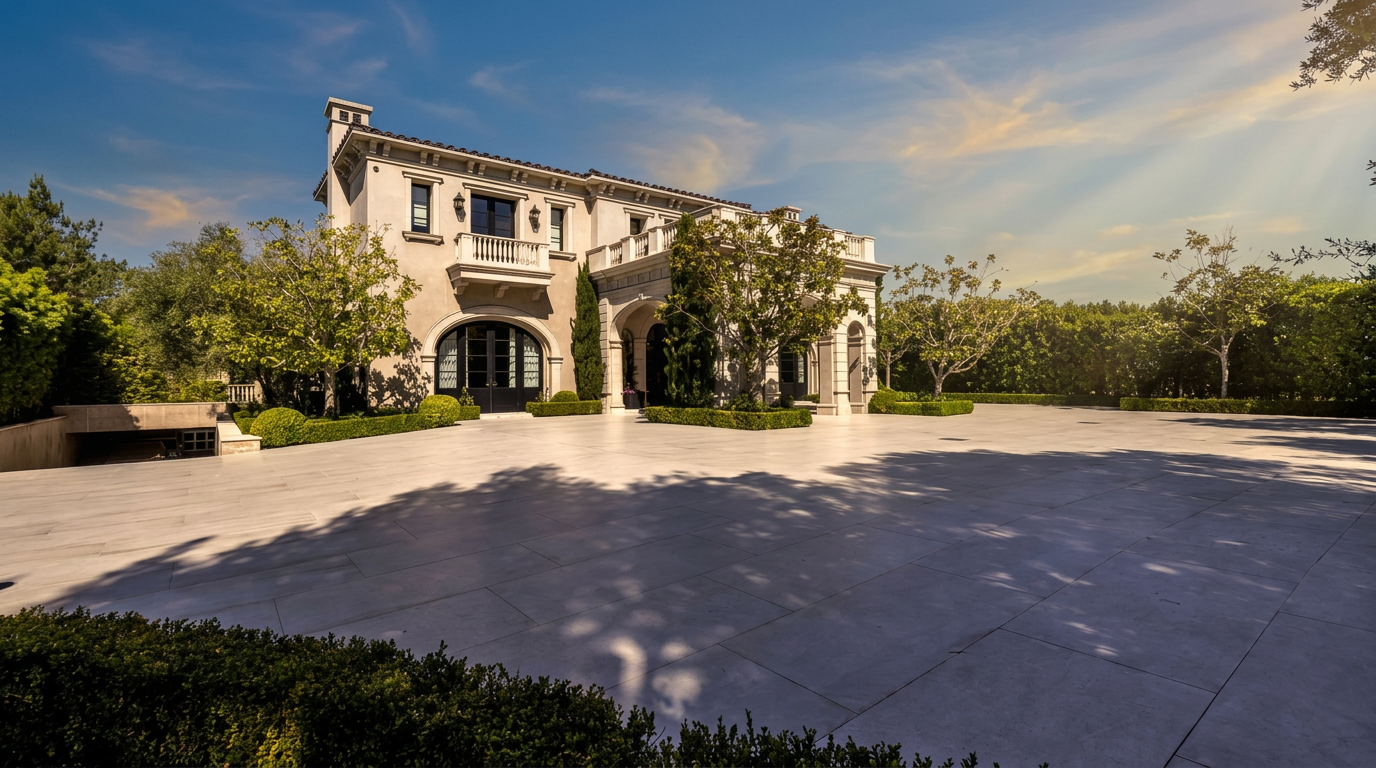 This grand Mediterranean-style estate features a sprawling, light-toned stone motor court leading to an elegant arched entryway. The architecture is characterized by symmetrical design, a second-story balcony with a balustrade, and manicured hedges framing the perimeter. The perspective is a wide-angle shot from the driveway, emphasizing the scale and luxury of the property under a clear blue sky.