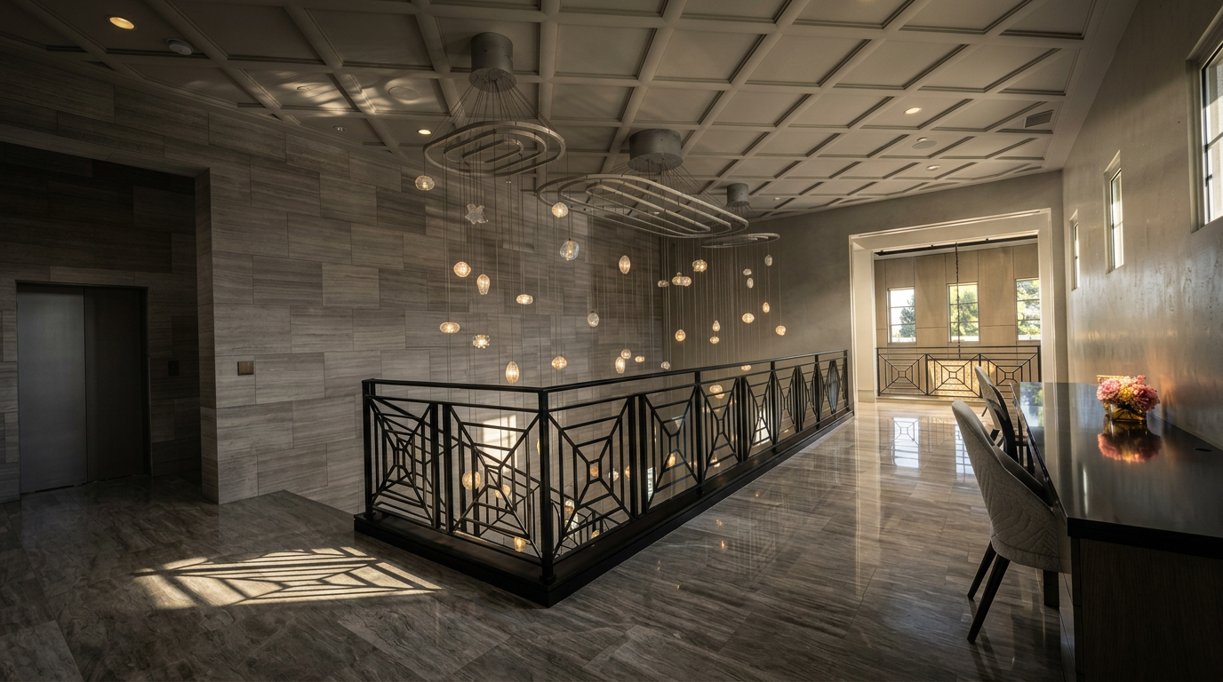 This sophisticated landing area features a striking geometric metal railing overlooking a staircase, complemented by a dramatic multi-pendant chandelier installation. The space is finished with large-format stone tiles on both the floor and the feature wall, creating a cohesive and luxurious aesthetic. A coffered ceiling with recessed lighting adds architectural depth, while a sleek console table provides a functional touch to the open hallway.