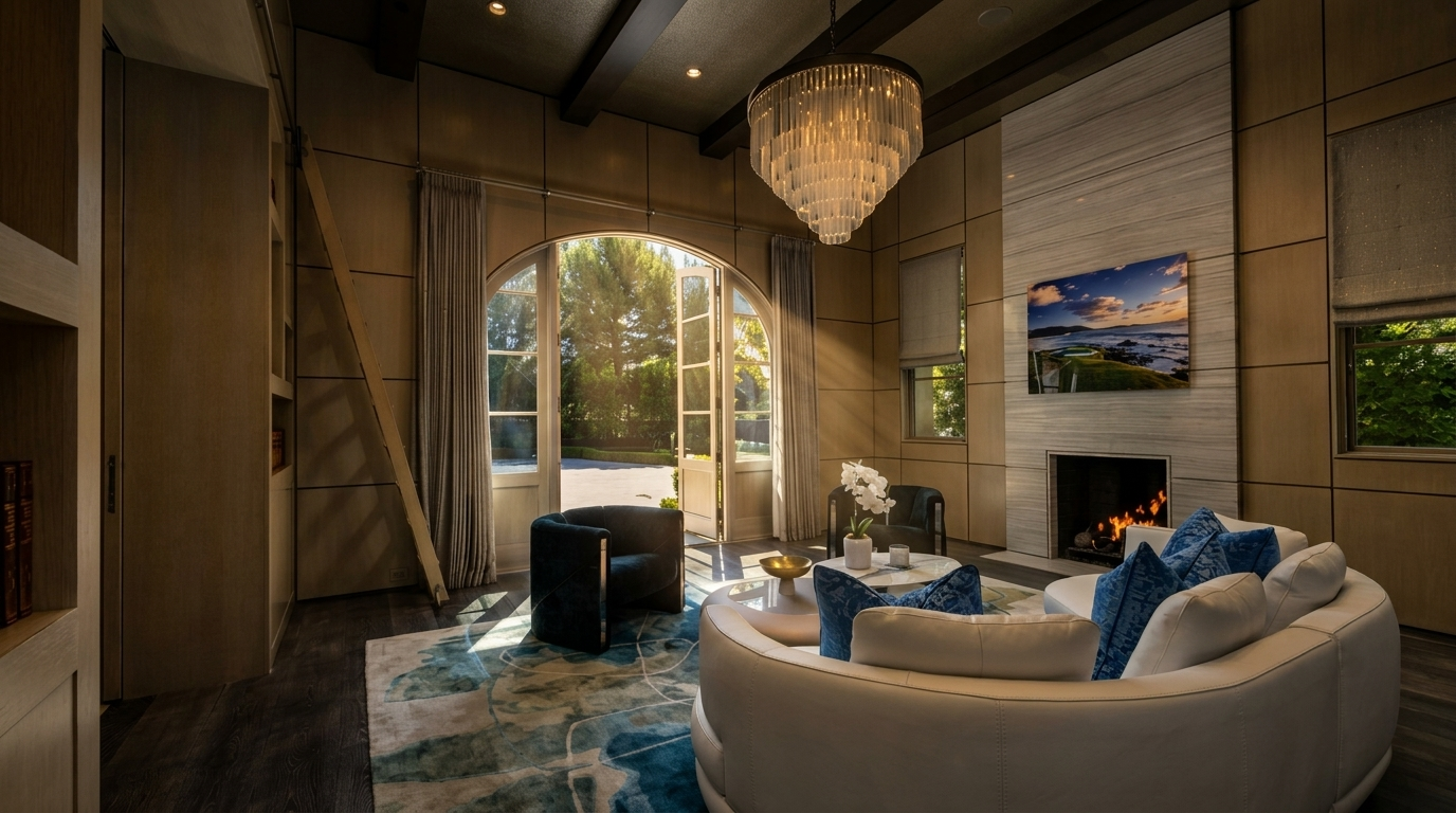 This sophisticated living room features a curved white sofa and dark accent chairs arranged around a central coffee table on a patterned area rug. A tall, light-toned stone surround frames the fireplace, which sits beneath a mounted television, while a large crystal chandelier hangs from the beamed ceiling. The room opens to the outdoors through an arched glass doorway, flanked by tall windows and a rolling library ladder along the side wall.