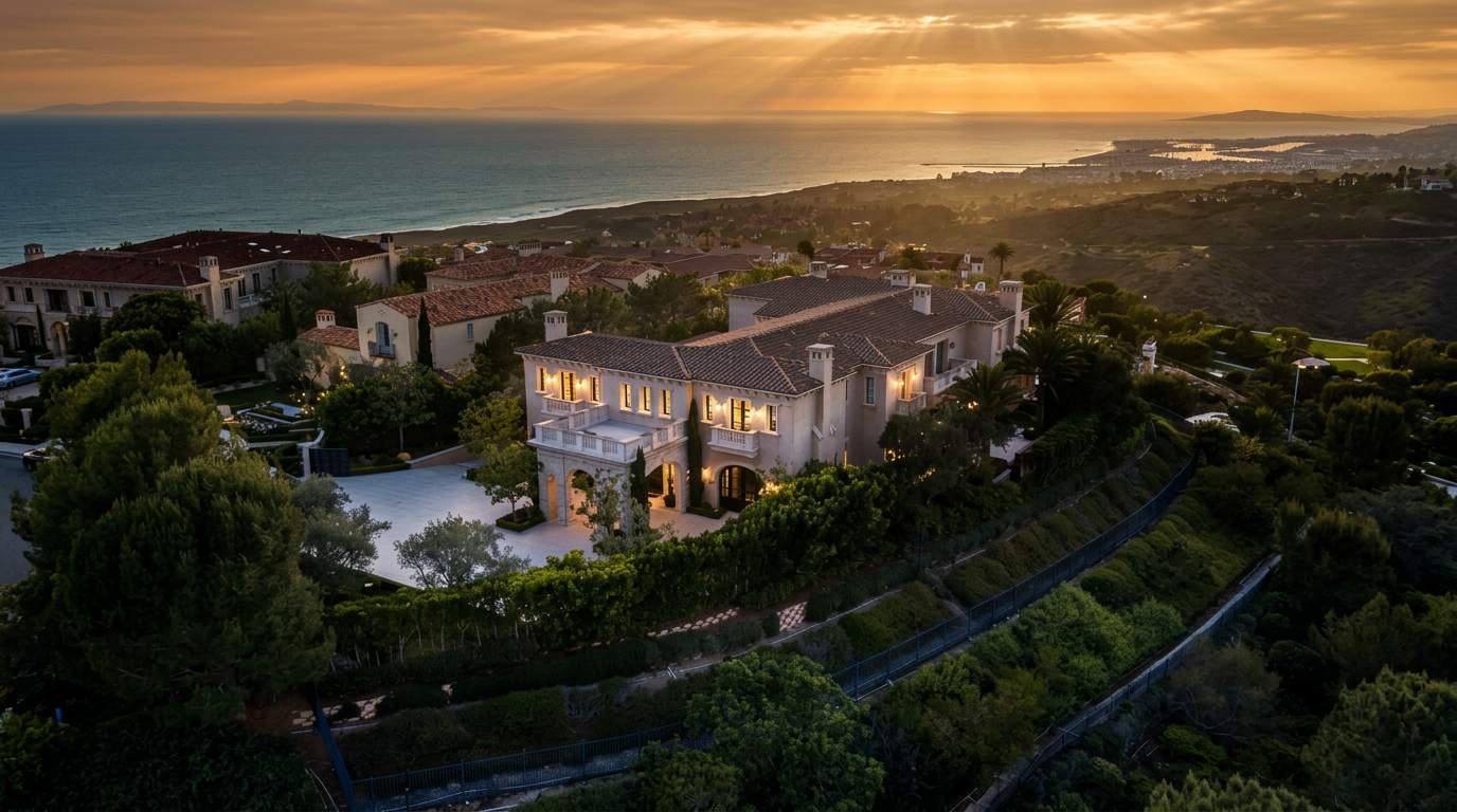 This stunning aerial perspective captures a grand, multi-story estate perched on a hillside overlooking the ocean at sunset. The property features a classic architectural style with a tiled roof, a spacious paved motor court, and lush, manicured landscaping that cascades down the terraced slope. The warm, golden hues of the twilight sky create a serene and luxurious atmosphere, highlighting the home's prominent position and expansive coastal views.