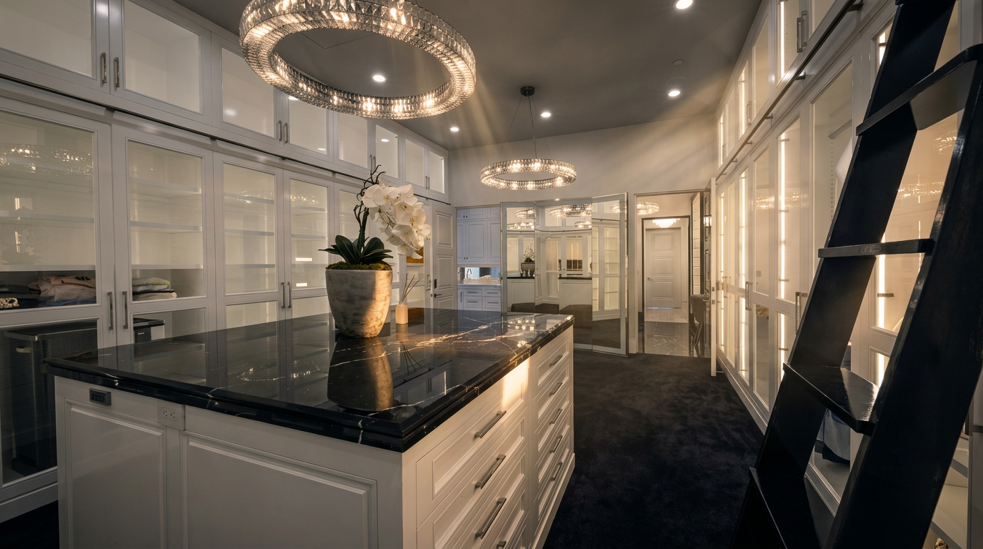 This luxurious walk-in closet features extensive white cabinetry with glass-front doors and integrated lighting, providing a bright and organized storage space. A central island with a dark stone countertop serves as a focal point, topped with a decorative floral arrangement, while a rolling black ladder provides access to upper storage. The room is illuminated by two circular crystal chandeliers, creating an elegant and sophisticated atmosphere.