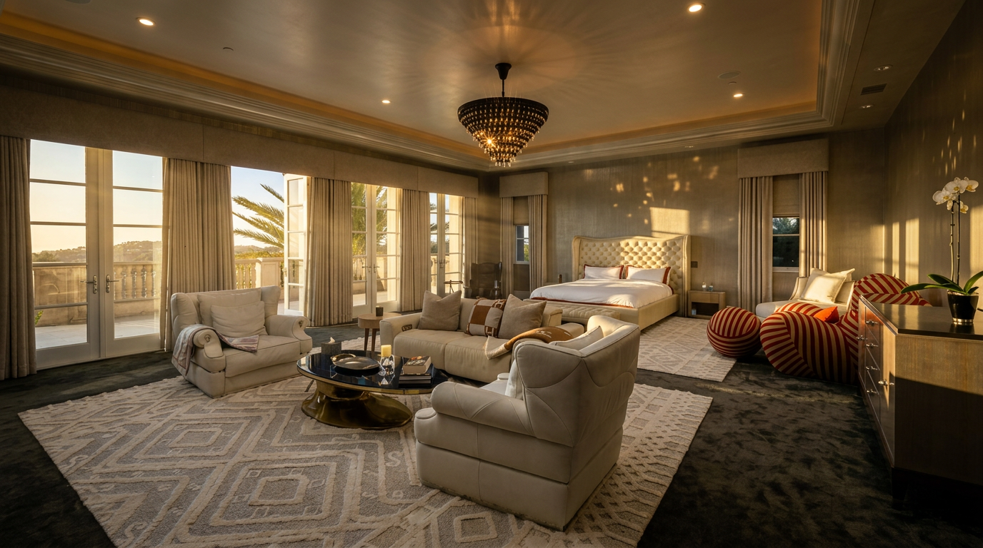 This expansive primary bedroom features a sophisticated neutral color palette with plush carpeting and a large, tufted headboard as the focal point. The room includes a dedicated seating area with a sofa and armchairs arranged around a central coffee table, complemented by a unique striped lounge chair near the window. Large glass doors provide access to a balcony, allowing natural light to fill the space, while a decorative chandelier hangs from the tray ceiling.