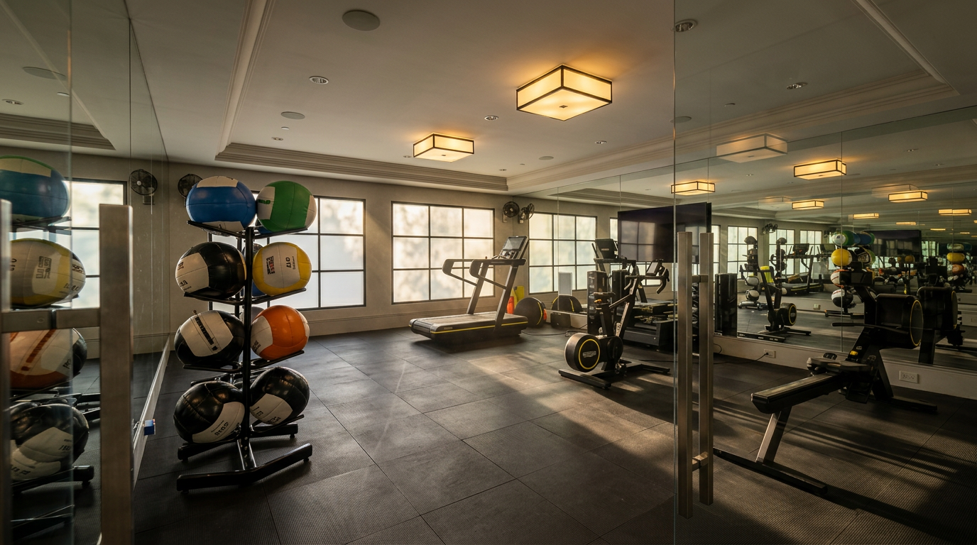 This professional-grade home gym features a sleek, modern aesthetic with black rubberized flooring and mirrored walls that enhance the sense of space. The room is equipped with a treadmill, a rowing machine, and a vertical rack holding various medicine balls, all illuminated by recessed lighting and square ceiling fixtures. Large, grid-patterned windows with frosted glass provide soft, diffused natural light, creating a clean and focused environment for exercise.