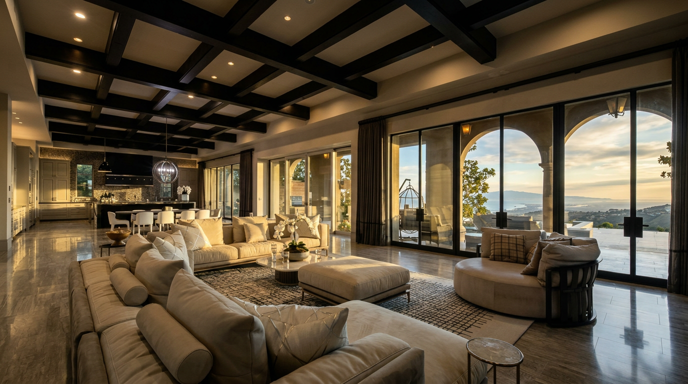 This expansive, open-concept living area features a coffered ceiling with dark beams and a neutral color palette. A large, plush sectional sofa and a circular lounge chair are arranged on a patterned area rug, while floor-to-ceiling glass doors provide a panoramic view of the sunset over the horizon. The space flows seamlessly into a kitchen area in the background, creating a sophisticated and airy atmosphere suitable for luxury entertaining.