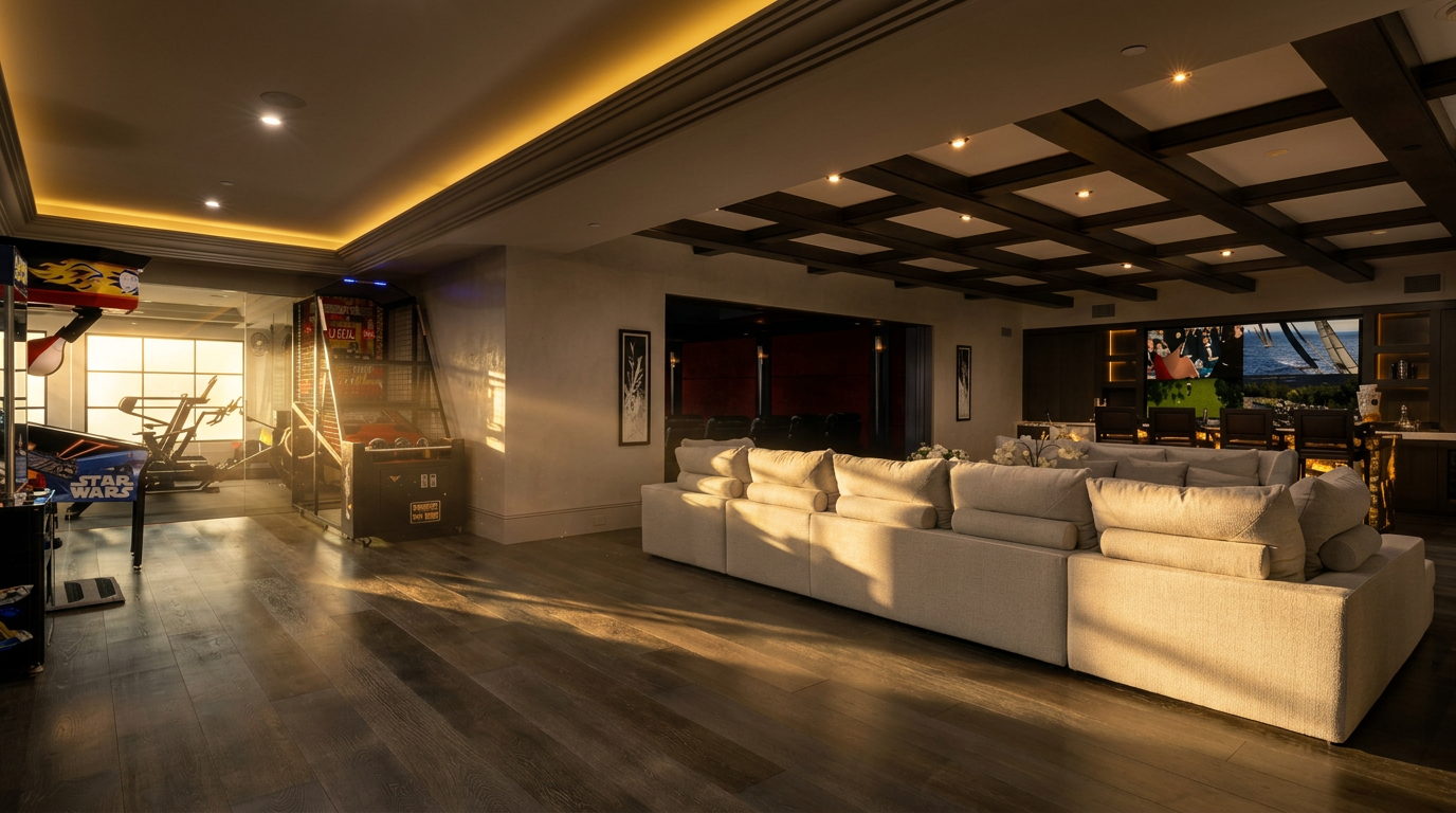 This expansive, modern basement features a large, neutral-toned sectional sofa facing a bar area with a television. The space includes a dedicated gaming zone with arcade machines and a glimpse into a home theater, all set against a backdrop of dark wood ceiling beams and recessed lighting. The open-concept layout and wide-plank wood flooring create a sophisticated yet recreational atmosphere perfect for entertaining.