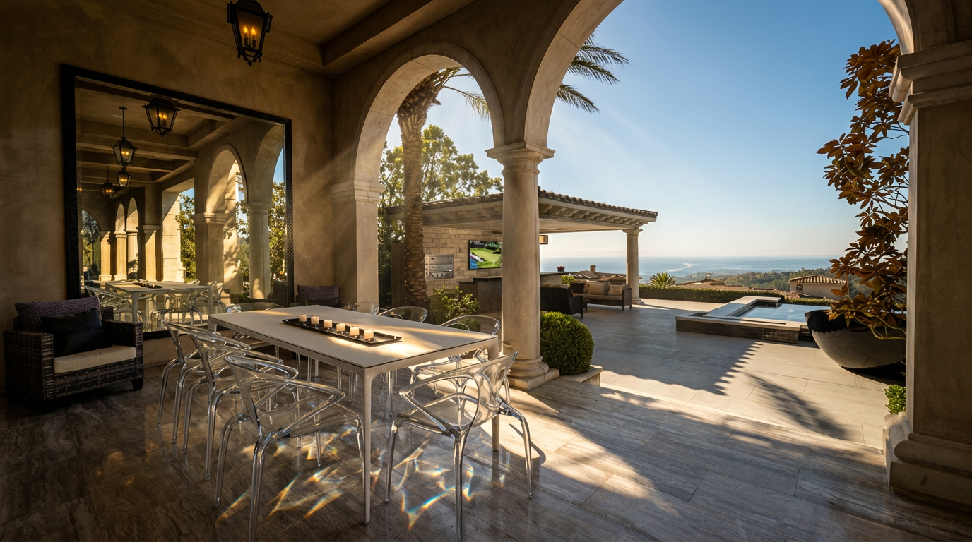 This luxurious covered patio features a sleek dining set with transparent chairs and a large rectangular mirror reflecting the space. The area is defined by elegant stone arches and columns, leading out to an expansive terrace with a built-in outdoor kitchen and a serene infinity-edge pool. The setting offers a breathtaking panoramic view of the landscape and coastline under a clear blue sky.