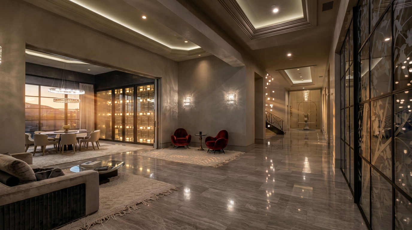 This expansive, open-concept living area features polished stone flooring and a sophisticated, neutral color palette. The space includes a formal seating area with plush red armchairs, a separate dining zone visible through a glass-walled wine display, and a grand hallway leading toward a staircase. Recessed tray ceilings with integrated cove lighting enhance the luxurious, modern aesthetic of this high-end residence.