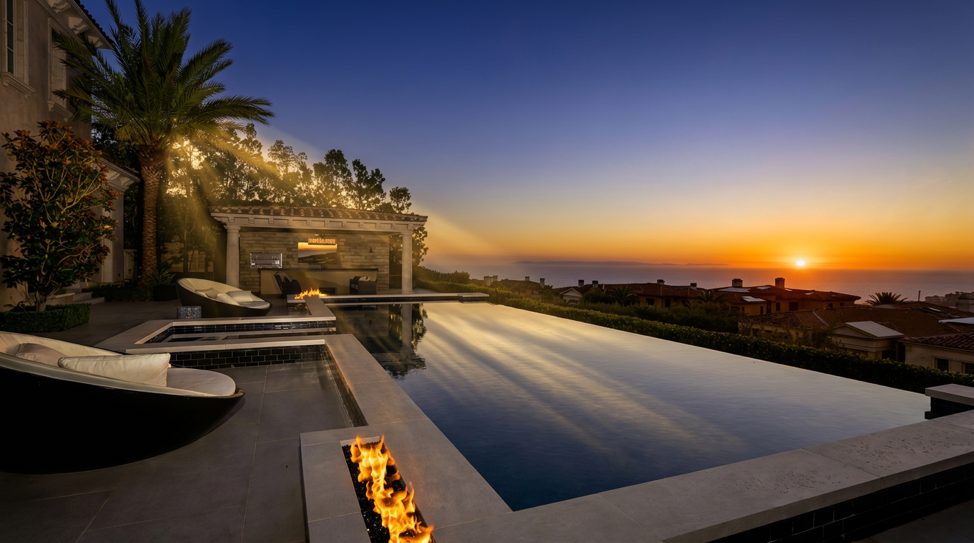 This stunning infinity-edge pool overlooks a breathtaking sunset over the ocean, creating a serene and luxurious atmosphere. The patio area features modern lounge chairs, a built-in fire feature, and a covered outdoor kitchen structure with stone detailing. The perspective captures the seamless transition between the water's edge and the horizon, emphasizing the property's prime coastal location.