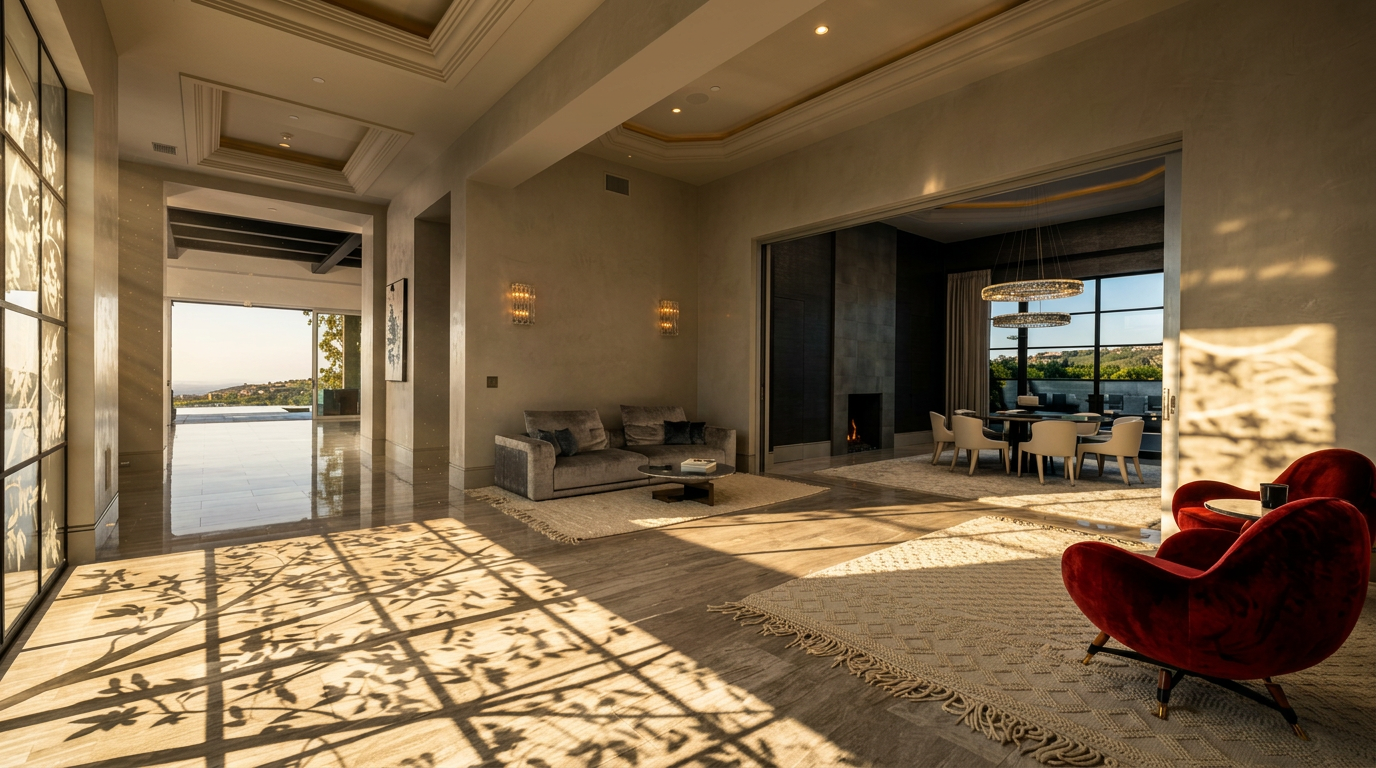 This expansive, open-concept living area features polished stone flooring and a sophisticated neutral color palette. The space is anchored by a plush grey sofa and two striking red velvet armchairs, while a large opening leads to a formal dining room with a tall, dark stone-clad chimney breast. The perspective captures a seamless flow between the main living area, the dining space, and a distant view of the outdoors through large glass doors.