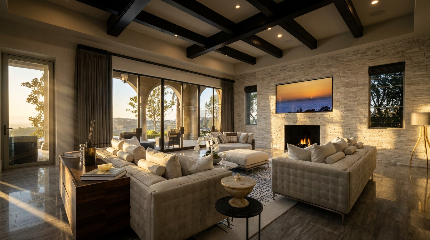This spacious living room features a coffered ceiling with dark wood beams and a prominent stacked-stone chimney breast housing a fireplace and a wall-mounted television. Large glass doors provide a seamless transition to an outdoor patio, bathing the room in natural light and offering expansive views. The space is furnished with plush, light-colored sofas and a central ottoman, creating a sophisticated and inviting atmosphere.