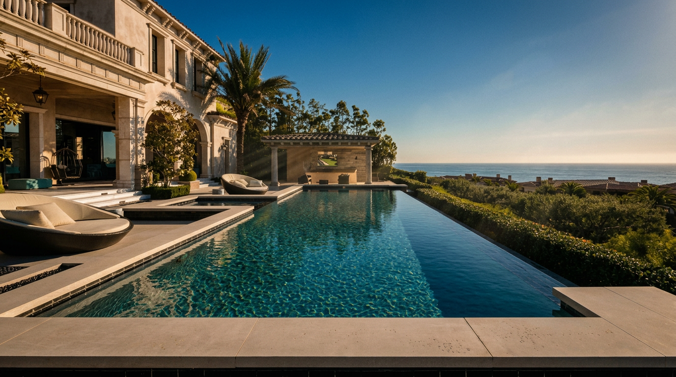 This luxurious outdoor space features a sleek infinity-edge swimming pool that overlooks a vast ocean horizon. The pool area is complemented by modern lounge chairs, a covered cabana with an outdoor television, and a manicured hedge bordering the property. The architecture of the home reflects a Mediterranean-inspired aesthetic with light-toned stone finishes and elegant columns.