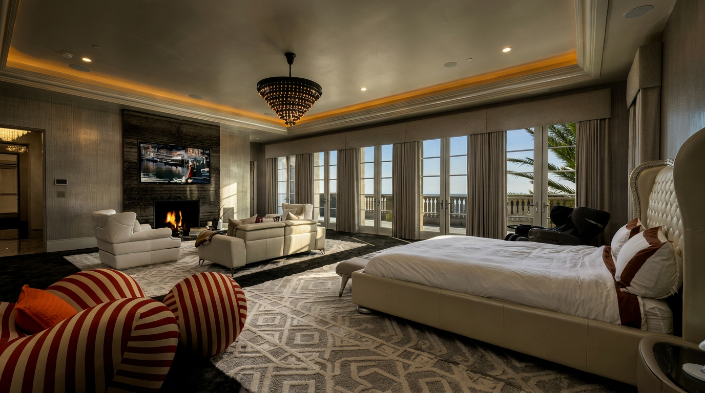 This expansive primary bedroom features a sophisticated design with a large bed, a dedicated seating area with a sofa and armchair, and a stone-clad chimney breast housing a television above the fireplace. The room is illuminated by a dramatic dark chandelier and recessed lighting, with large glass doors leading to an outdoor balcony. The space is anchored by a large patterned area rug, creating a luxurious and comfortable atmosphere.