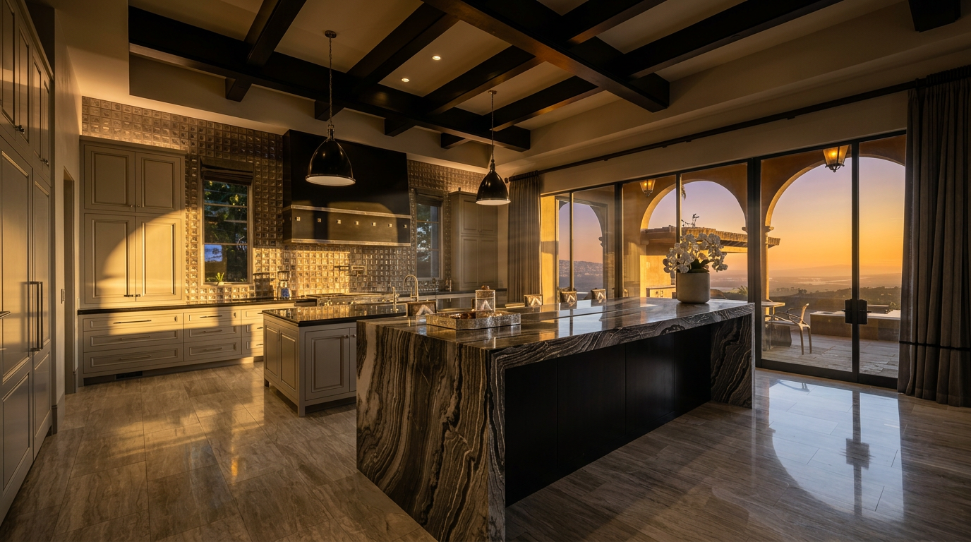 This expansive, high-end kitchen features a dramatic waterfall-edge island with striking veined stone, complemented by dark cabinetry and a coffered ceiling with exposed beams. Large glass sliding doors provide a seamless transition to an outdoor terrace, framing a picturesque sunset view over the horizon. The space is illuminated by sleek pendant lights and recessed lighting, creating a sophisticated and luxurious atmosphere.