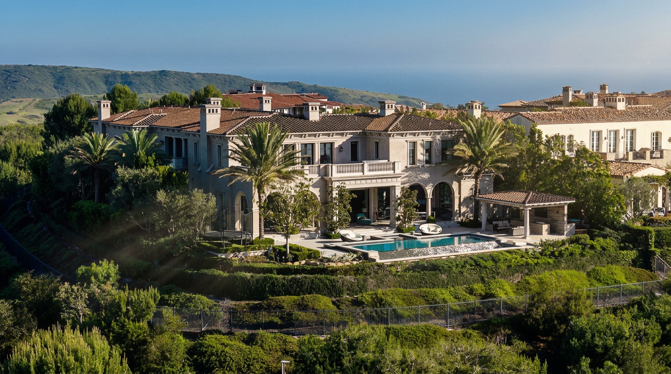This aerial perspective captures a sprawling Mediterranean-style estate perched on a hillside, showcasing its expansive architecture and manicured grounds. The property features a prominent swimming pool, a covered outdoor lounge area, and lush landscaping that blends into the surrounding natural terrain. The wide-angle shot emphasizes the home's impressive scale and its scenic, elevated position overlooking the distant coastline.