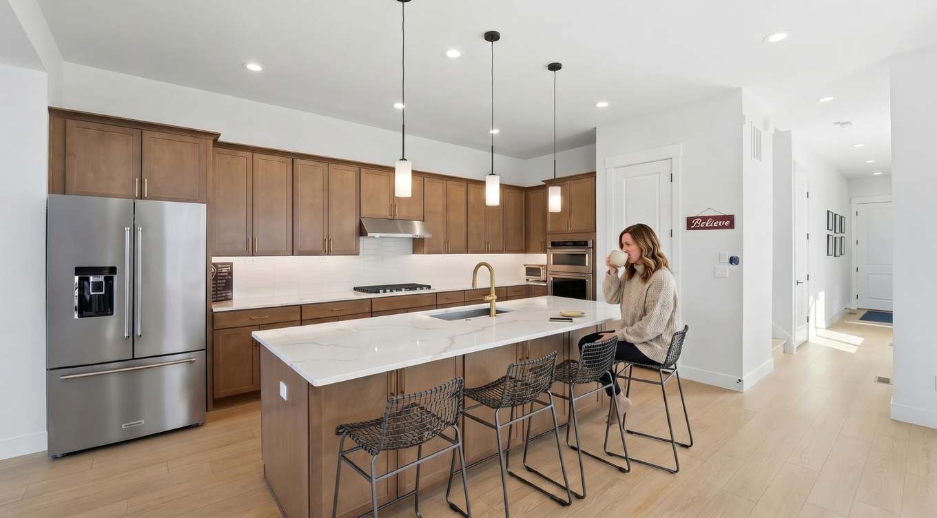 This modern kitchen features warm wood cabinetry, sleek white quartz countertops, and a spacious central island with bar seating. Stainless steel appliances, including a large refrigerator and built-in oven, complement the contemporary design, while three pendant lights hang above the island to provide focused illumination. The open-concept layout flows seamlessly into a bright hallway, creating an inviting and functional space.