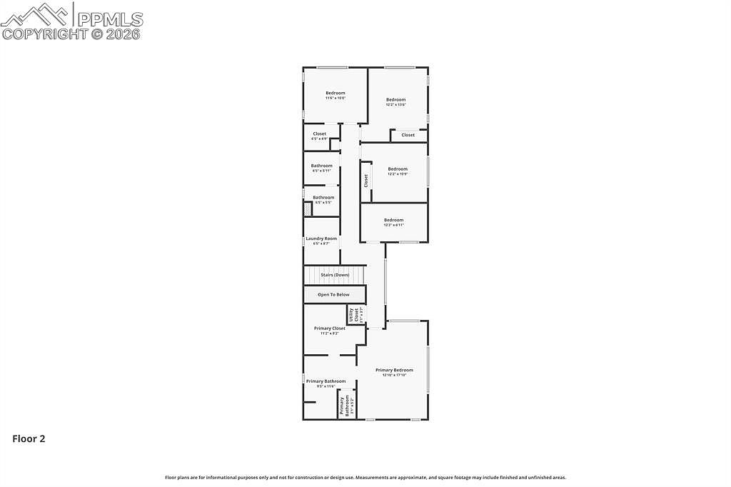 This image is a detailed 2D floor plan of the second level of a residential property. It illustrates the layout of multiple bedrooms, bathrooms, a laundry room, and a primary suite, all connected by a central hallway and staircase. The schematic provides a clear, top-down architectural overview of the floor's spatial organization and room dimensions.