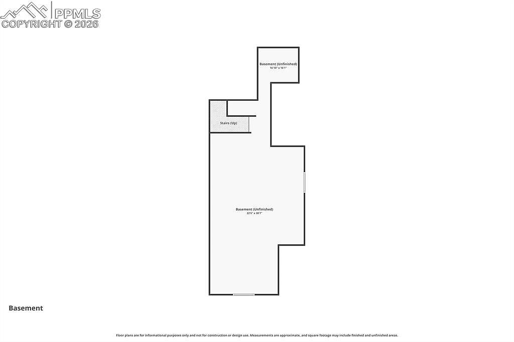 This is a top-down floor plan diagram of an unfinished basement level. The layout features two distinct open areas, one measuring 16'10" x 15'1" and the other 22'5" x 38'7", connected by a central hallway area that includes a staircase leading up. The drawing is presented in a clean, technical style suitable for real estate listings to illustrate the spatial configuration of the lower level.