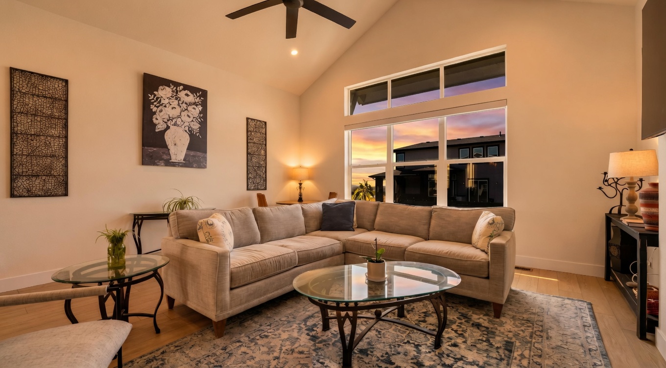 This bright and airy living room features a large, neutral-toned sectional sofa arranged around a glass-topped coffee table on a patterned area rug. The space is highlighted by a vaulted ceiling with a modern ceiling fan and a expansive window wall that allows for abundant natural light. The decor is contemporary and inviting, with tasteful wall art and side tables completing the comfortable living area.