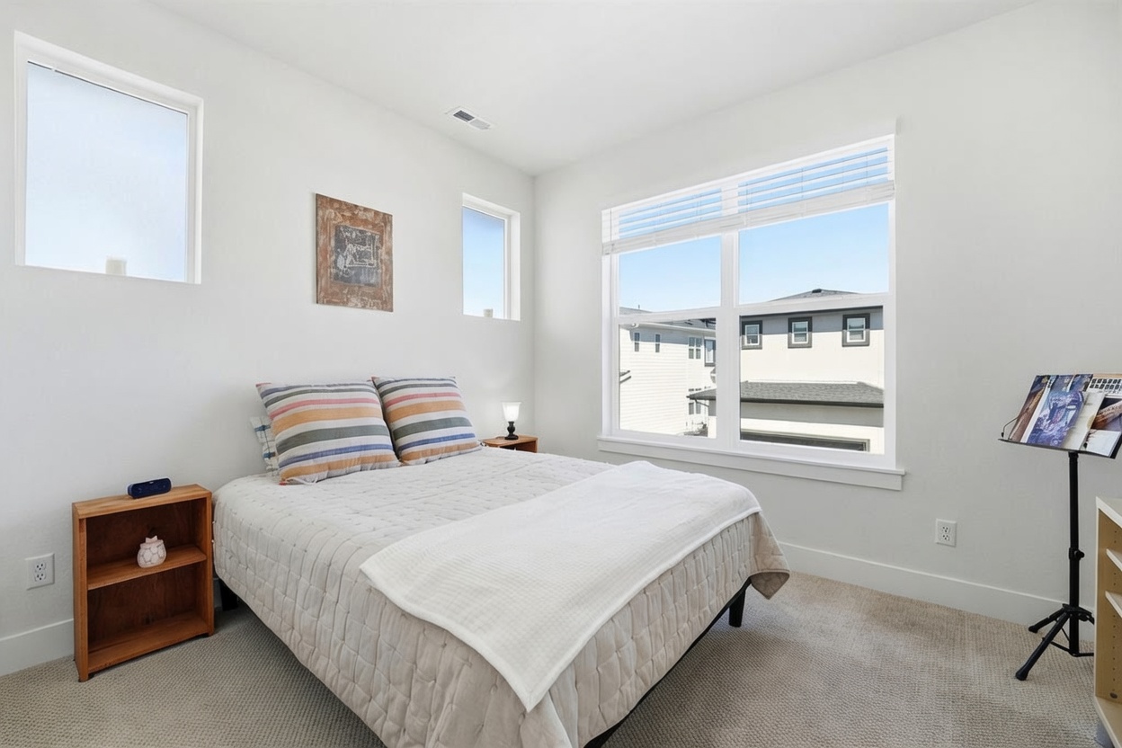 This bright and airy guest bedroom features a neutral color palette with light gray walls and plush carpeting. The room is furnished with a comfortable bed adorned with striped pillows and a white quilt, flanked by a simple wooden nightstand and a music stand. Large windows allow for ample natural light, creating a clean and inviting atmosphere suitable for a secondary bedroom.