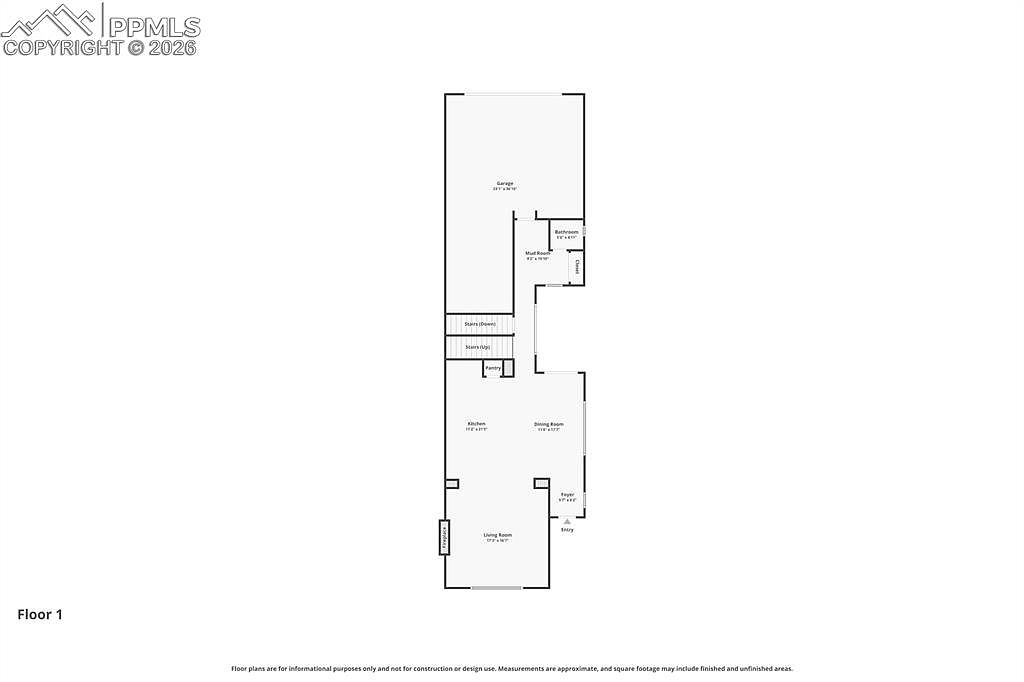 This image is a top-down 2D floor plan of the first level of a residential property. It illustrates the layout of the living room, kitchen, dining room, foyer, mudroom, bathroom, and garage, along with staircases and a pantry. The clean, technical drawing provides a clear spatial understanding of the home's flow and room dimensions.