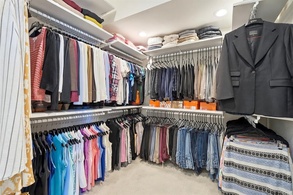 This spacious walk-in closet features extensive custom shelving and hanging rods arranged in an L-shape configuration, maximizing storage capacity for a large wardrobe. The room is well-organized with neatly hung clothing, folded items on upper shelves, and several shoe boxes tucked away. The perspective is from the entrance, showcasing the depth and functional layout of this highly organized storage space.