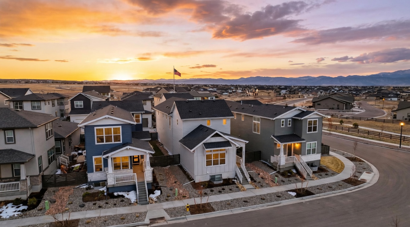 This aerial view captures a contemporary suburban neighborhood featuring newly constructed multi-story single-family homes with modern siding and cohesive architectural styles. The properties are situated on a cul-de-sac street during a vibrant sunset, highlighting the landscaped stone yards and mountain vistas in the background. The scene offers an inviting and organized aesthetic typical of master-planned community developments.