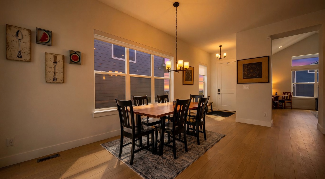 This bright and airy dining room features a modern wooden table surrounded by six black chairs, set atop a textured grey area rug. The space is illuminated by a stylish multi-light chandelier and large windows that allow for ample natural light. The minimalist decor, including framed wall art and light-toned hardwood flooring, creates a clean and inviting atmosphere.
