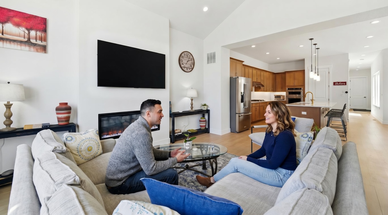 This bright and airy living room features a vaulted ceiling, a sleek linear fireplace, and a large wall-mounted television, creating a comfortable space for relaxation. The open-concept layout seamlessly connects the living area to a spacious kitchen with wooden cabinetry and a central island. The neutral color palette and modern furnishings provide a welcoming and sophisticated atmosphere, perfect for entertaining.