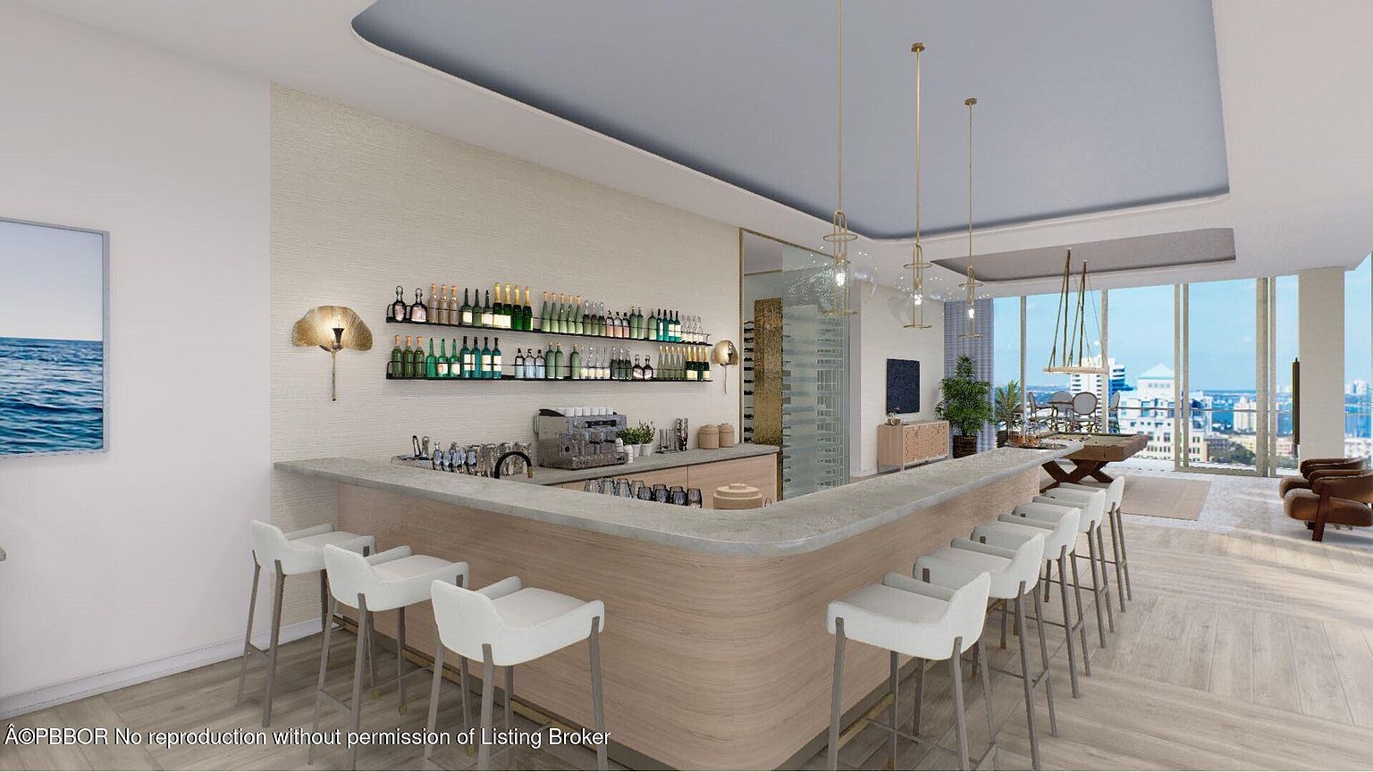 This interior shot showcases a modern living space featuring a stylish bar area with a marble countertop and white bar stools. The room extends into a lounge area with a pool table and comfortable seating, all bathed in natural light from large windows offering city views. The design is contemporary and luxurious, perfect for entertaining.