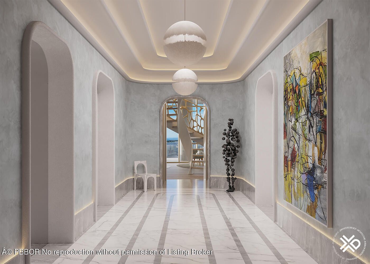 This is an interior shot of a luxurious hallway featuring marble flooring with gray accents, arched doorways, and a unique art piece on the right wall. The hallway is illuminated by modern spherical pendant lights and recessed lighting, leading to a spiral staircase visible through an arched opening. The overall impression is one of sophisticated elegance and contemporary design.