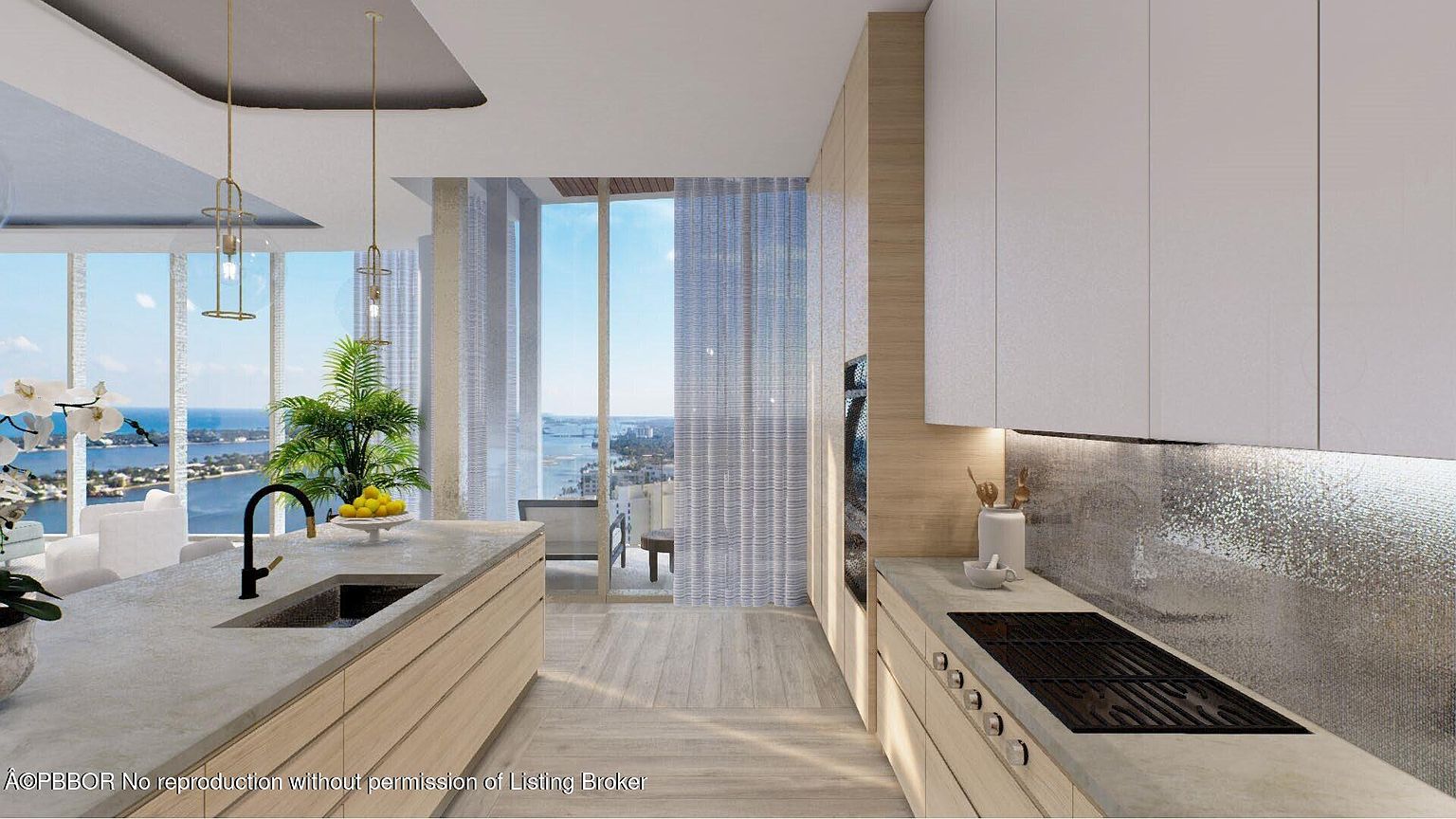 This is a bright and modern kitchen with light wood cabinetry and a large island featuring a concrete countertop and a black faucet. The kitchen boasts high-end appliances, including a sleek cooktop, and a stylish backsplash. Large windows offer stunning views of the water, enhancing the luxurious feel of the space.