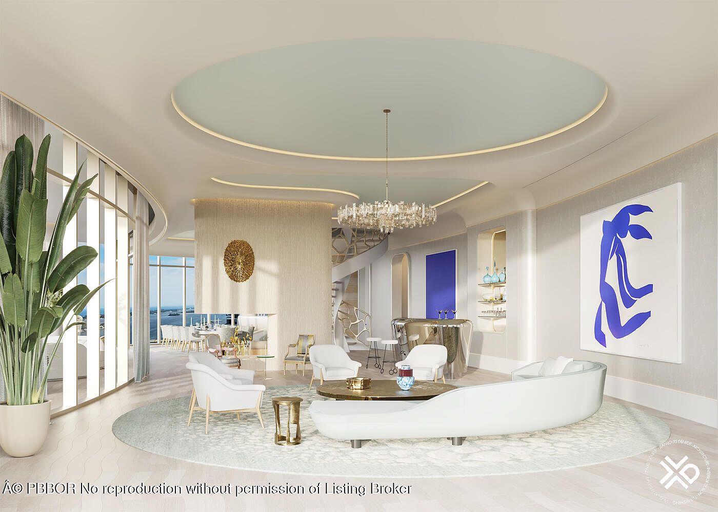 This is a luxurious living room featuring a curved white sofa, white armchairs, and a round coffee table on a circular patterned rug. The room has a modern and elegant design with a unique ceiling design, a crystal chandelier, and a large blue abstract artwork on the wall. Large windows offer a view of the ocean, and a spiral staircase is visible in the background.