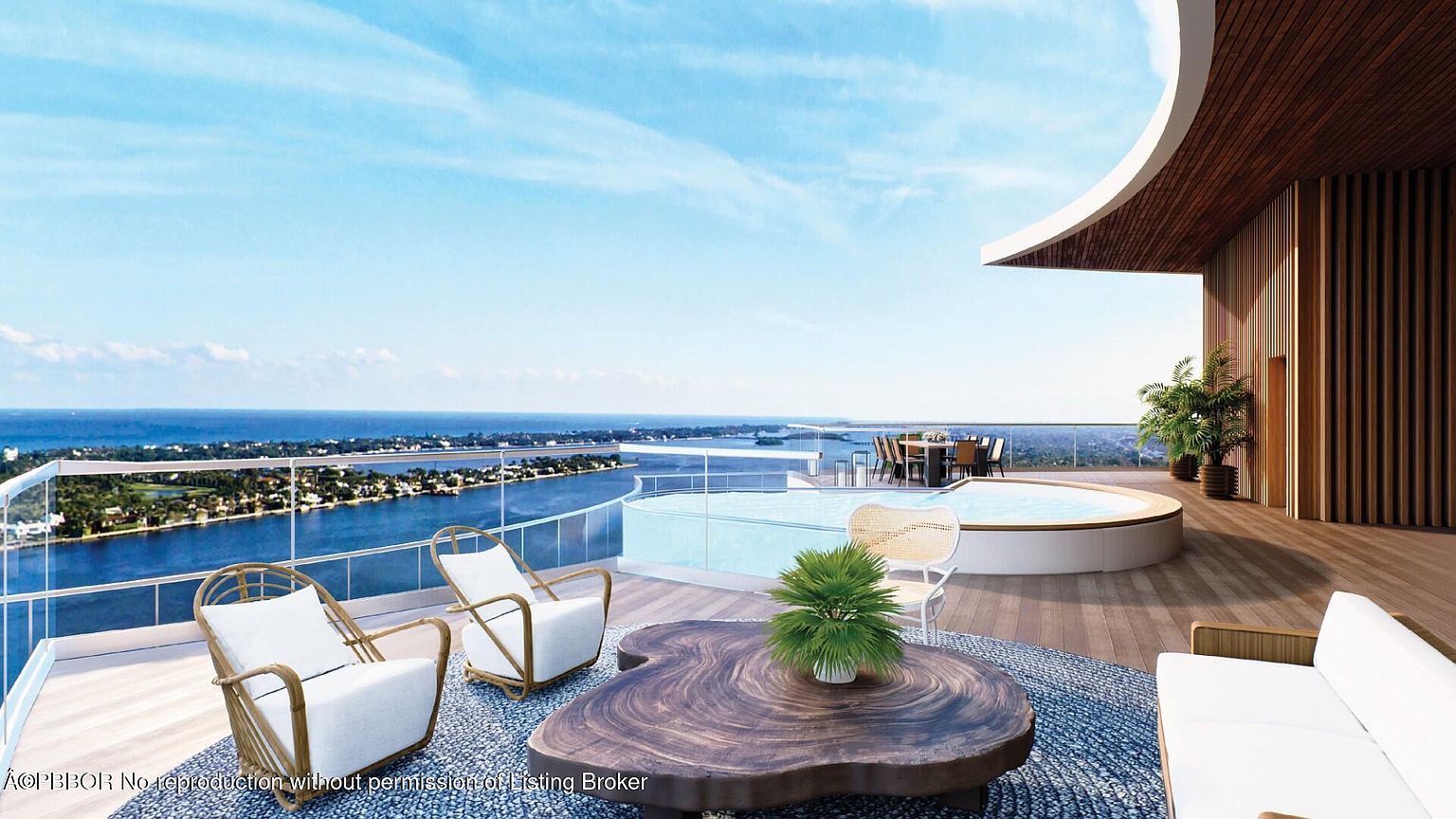 This image showcases a luxurious outdoor living space on a high-rise balcony. It features comfortable lounge seating, a unique wooden coffee table, a swimming pool, and a dining area, all set against a stunning waterfront view. The design emphasizes relaxation and entertainment, making it an ideal space for enjoying the scenery.