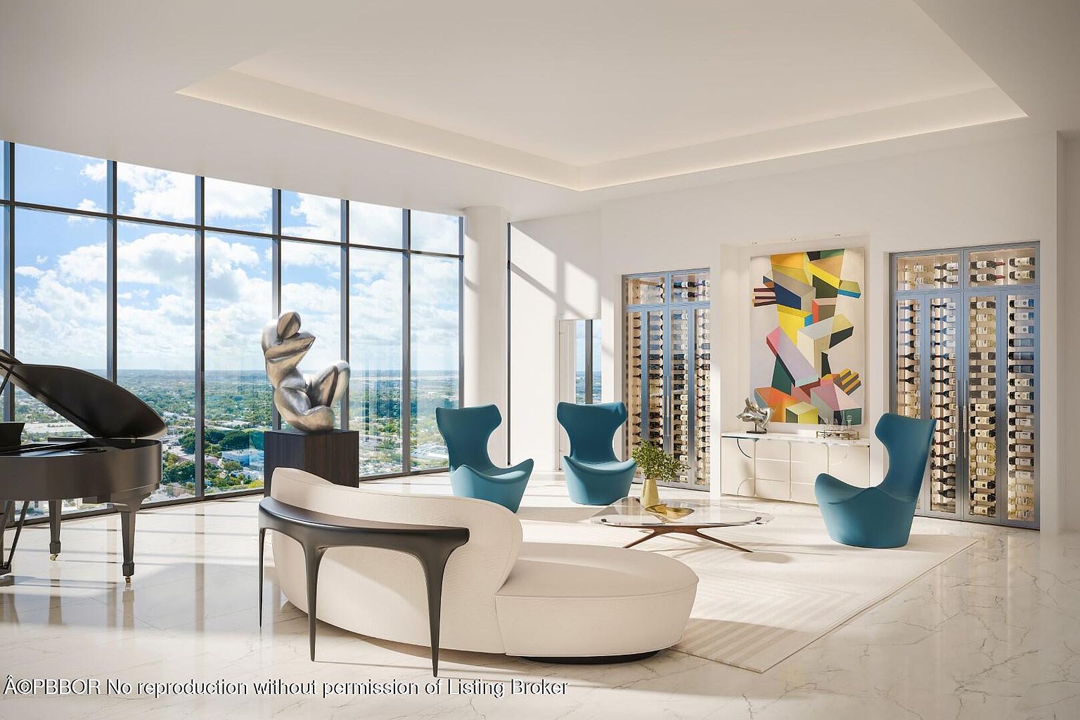This is a luxurious living room featuring floor-to-ceiling windows with a panoramic city view. The room is furnished with modern furniture, including a curved sofa, blue accent chairs, and a grand piano. Wine storage units flank a modern art piece, adding a touch of sophistication and elegance to the space.