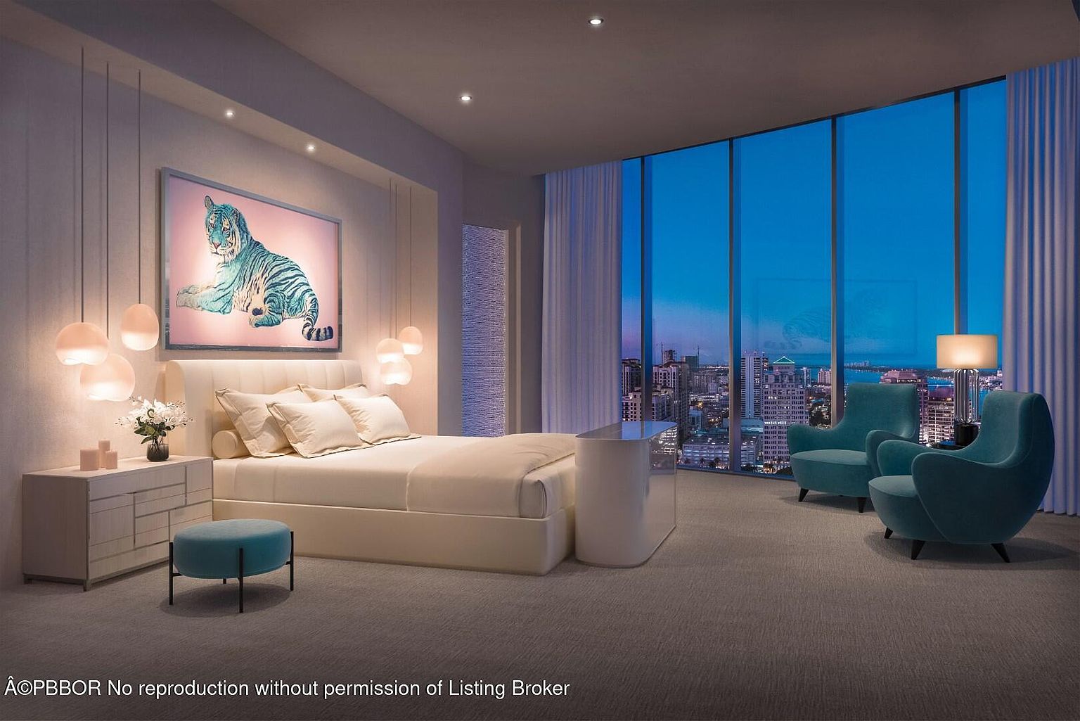 This is a luxurious primary bedroom featuring a large bed with plush bedding, complemented by stylish bedside tables and pendant lighting. The room boasts floor-to-ceiling windows offering a stunning city view, and two teal armchairs create a cozy seating area. The overall impression is one of modern elegance and comfort.