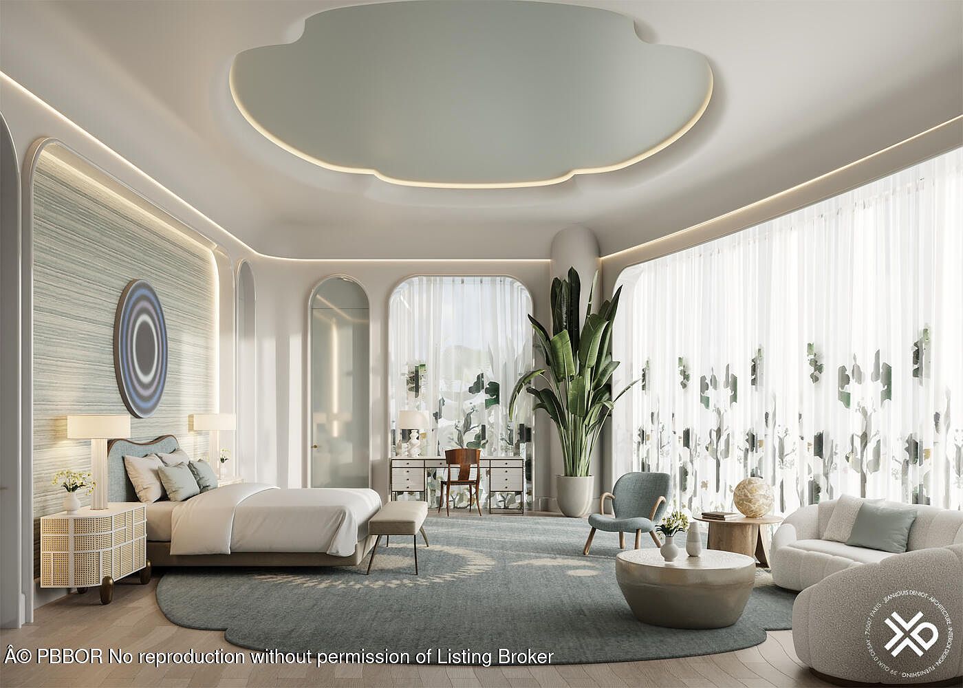 This is a luxurious primary bedroom featuring a unique cloud-shaped ceiling detail with integrated lighting. The room is decorated in a modern, minimalist style with soft, neutral tones, and includes a large bed, a seating area with a curved sofa, and sheer curtains that allow natural light to filter in. A large potted plant adds a touch of nature to the space.