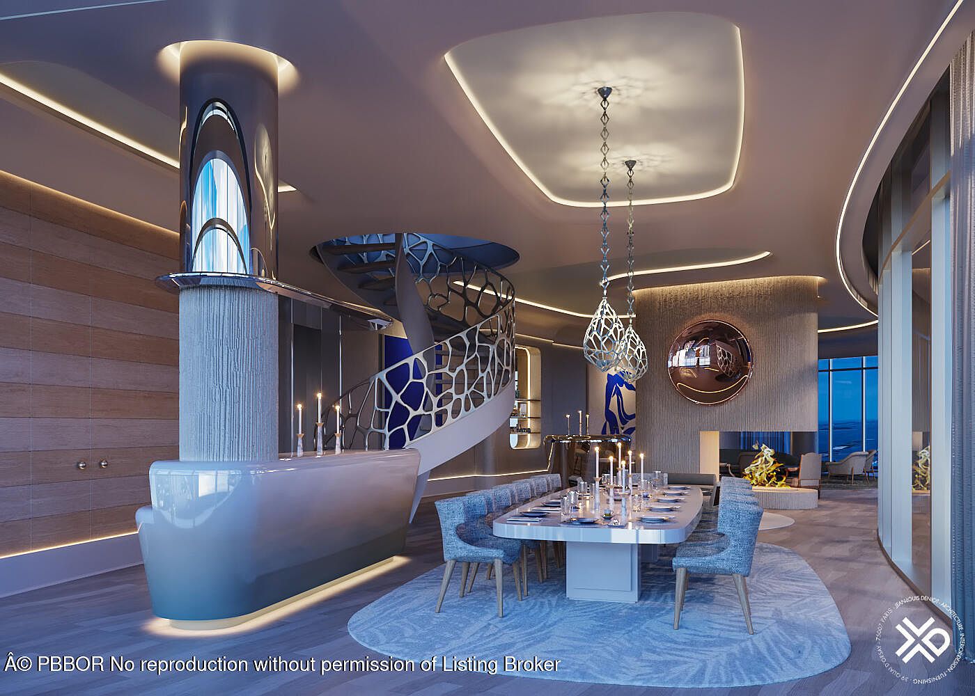 This is a luxurious dining room featuring a modern aesthetic with a unique spiral staircase and a striking cylindrical architectural feature. The dining area is illuminated by contemporary pendant lighting above a long dining table set for a formal meal, complemented by stylish chairs and a soft, patterned rug. A fireplace adds warmth and ambiance to the space, enhancing the overall sophisticated and elegant atmosphere.