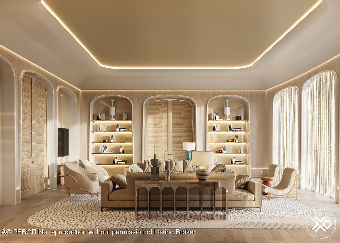 This is a beautifully designed living room featuring a neutral color palette with beige walls, light wood flooring, and a patterned area rug. The room is furnished with a comfortable sofa, armchairs, and built-in shelving units that are illuminated, creating a warm and inviting atmosphere. The architectural details, such as the arched doorways and recessed lighting, add a touch of elegance and sophistication.