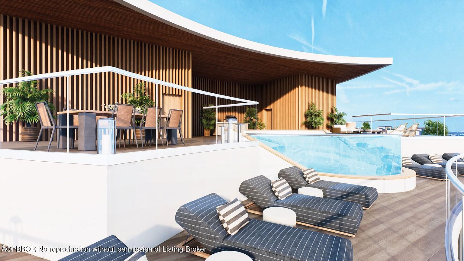 This image showcases a luxurious outdoor patio/deck area, featuring modern lounge chairs with striped cushions, a dining table set for six, and a sleek infinity pool. The architectural design incorporates clean lines, wood paneling, and a minimalist aesthetic, creating an inviting and sophisticated space for relaxation and entertainment. The view extends to the horizon, suggesting a high-end property with premium amenities.