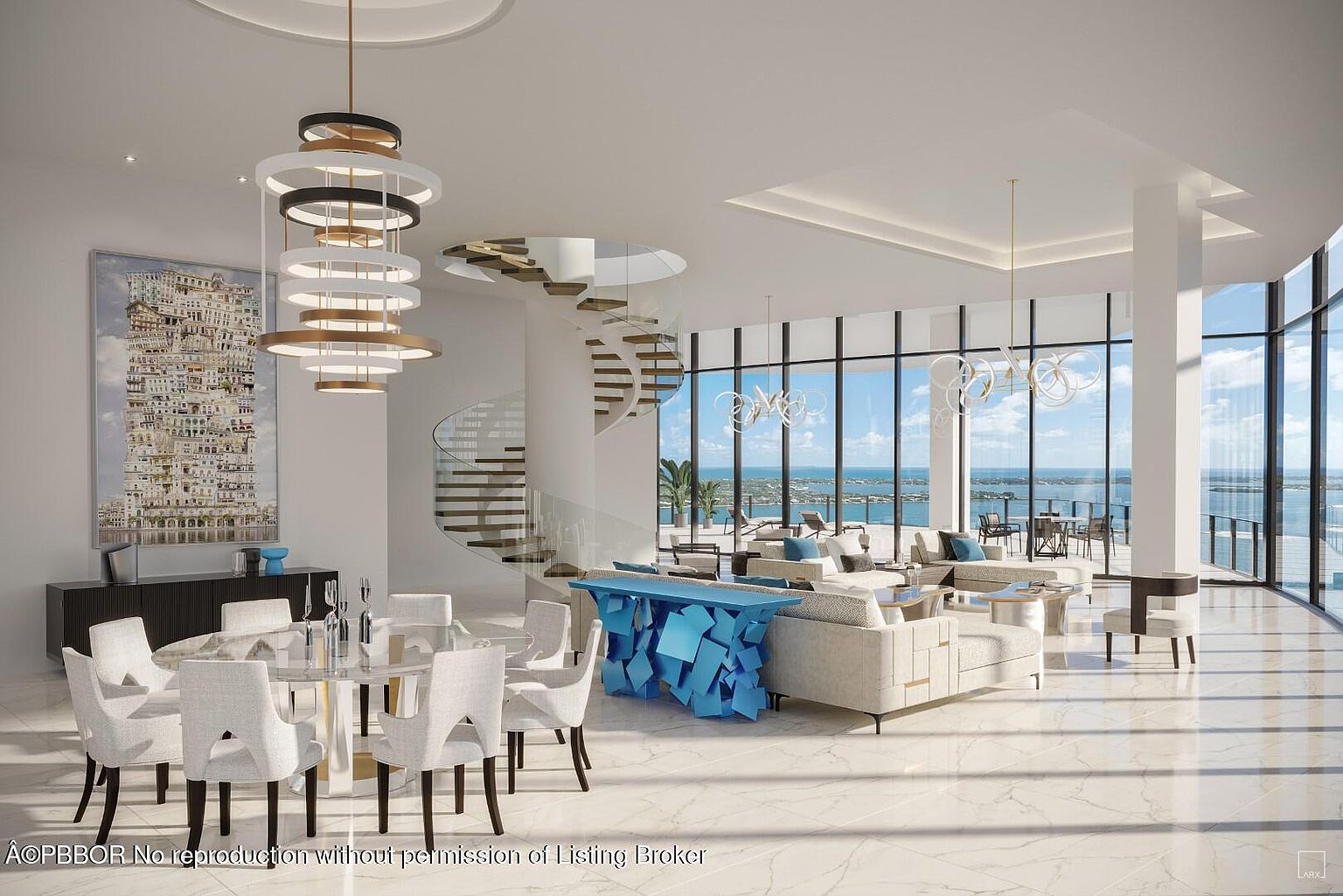 This is a luxurious living room featuring a modern design with floor-to-ceiling windows offering stunning ocean views. The room includes a dining area with a round table and white chairs, a spiral staircase, and a comfortable seating area with a unique blue console table. The overall impression is one of spaciousness, elegance, and high-end living.