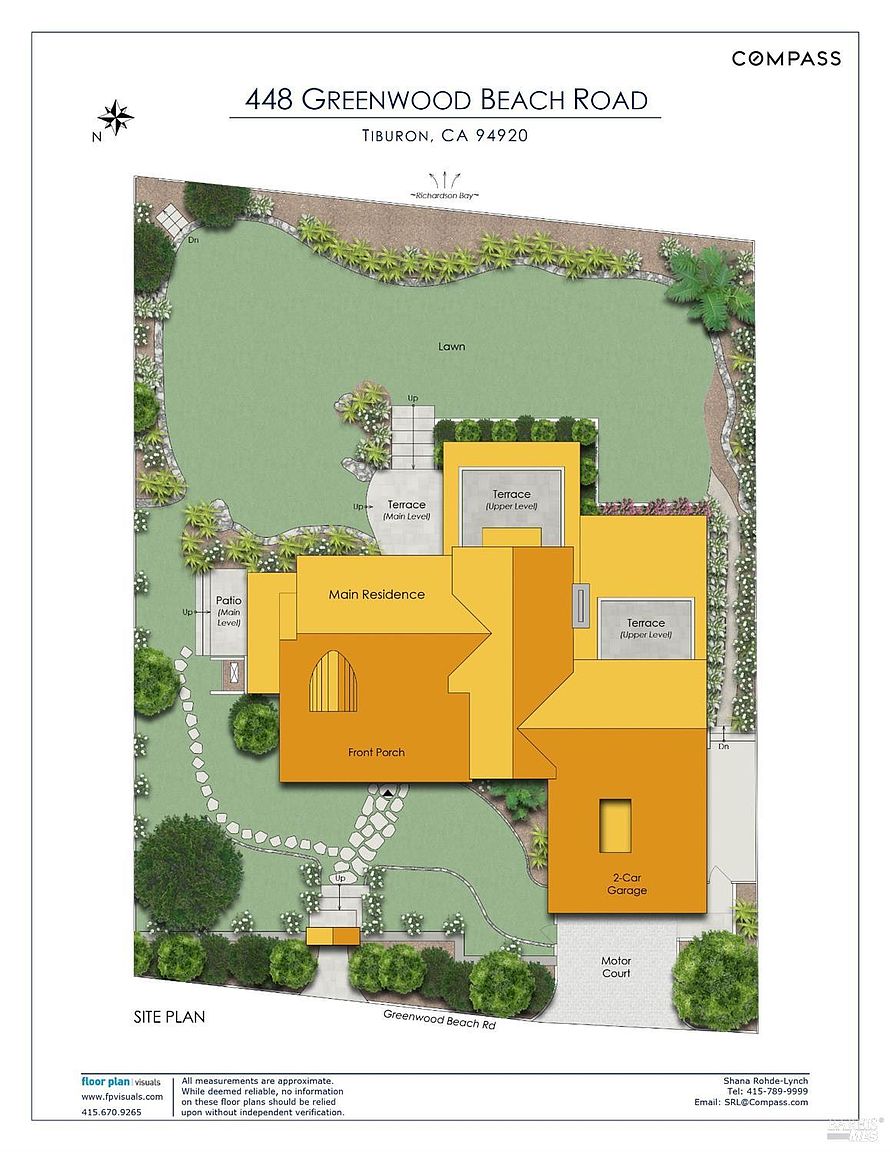 This is an aerial view of a property, showcasing the layout of the house, lawn, and surrounding landscape. The house is a multi-level structure with a front porch and a 2-car garage. The property features multiple terraces, a patio, and a well-maintained lawn, providing a clear overview of the outdoor living spaces.