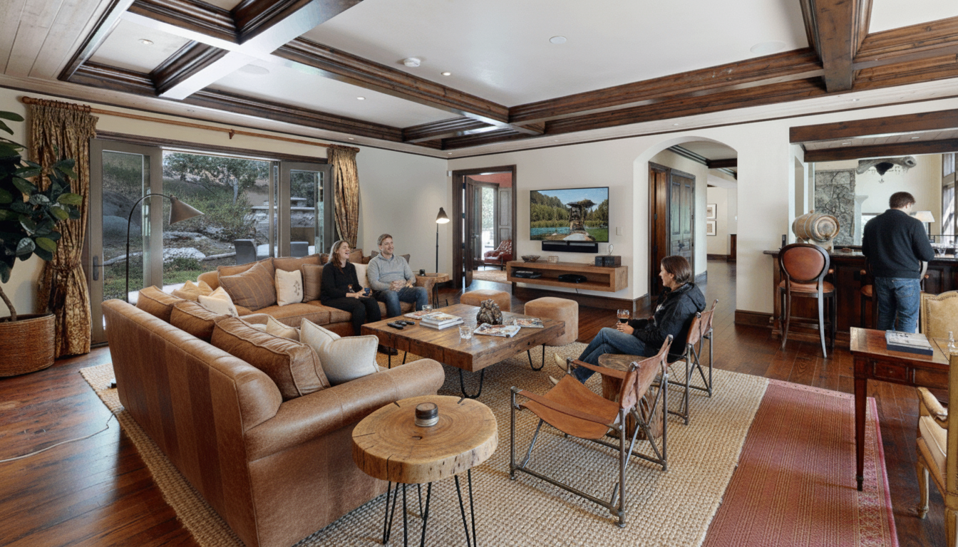 This is a warm and inviting living room with a rustic yet elegant style. The room features a large, comfortable brown leather sectional sofa, a substantial wooden coffee table, and exposed wooden ceiling beams. A large area rug anchors the space, and natural light floods in through the sliding glass doors, creating a cozy atmosphere perfect for relaxation and entertaining.