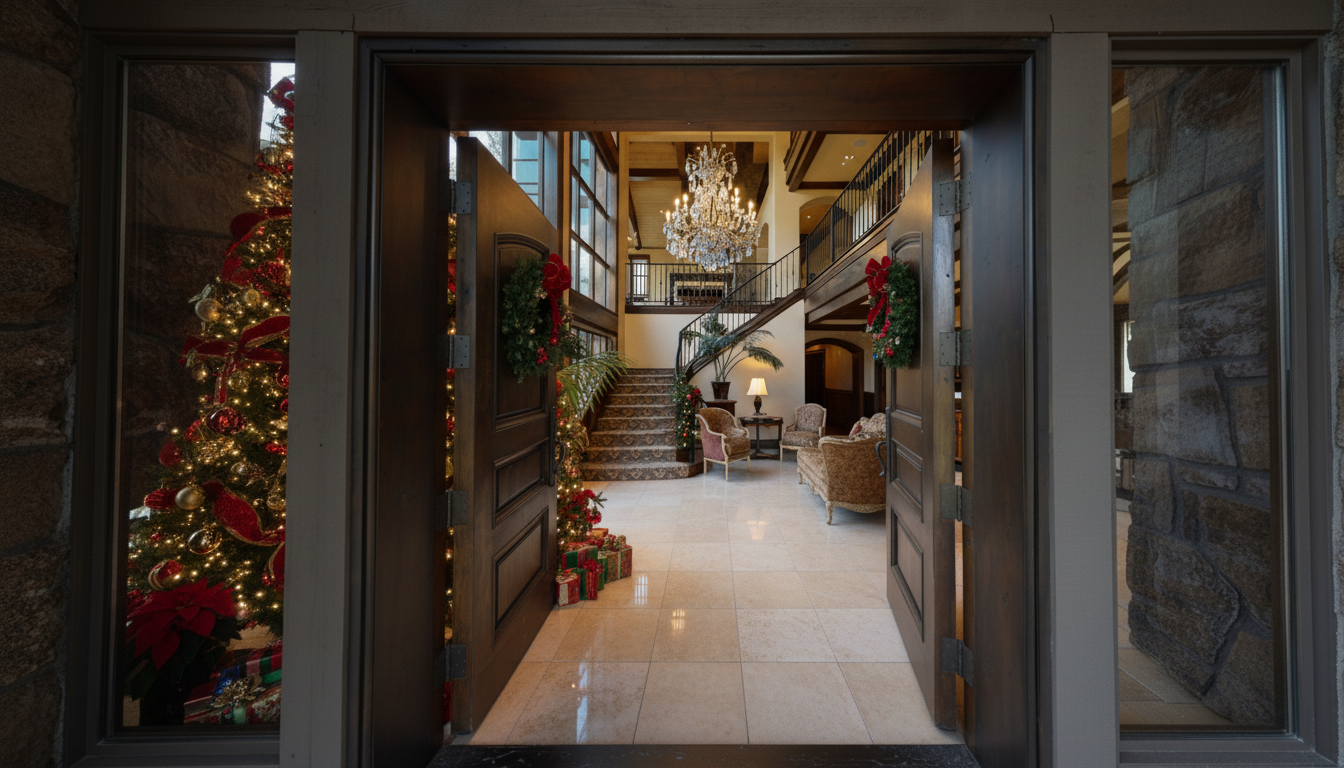 The image showcases a grand entryway and hallway adorned with festive Christmas decorations. An elegant chandelier hangs above a sweeping staircase, creating a luxurious atmosphere. The open floor plan and neutral color palette amplify the space, making it an impressive and inviting feature of the home.