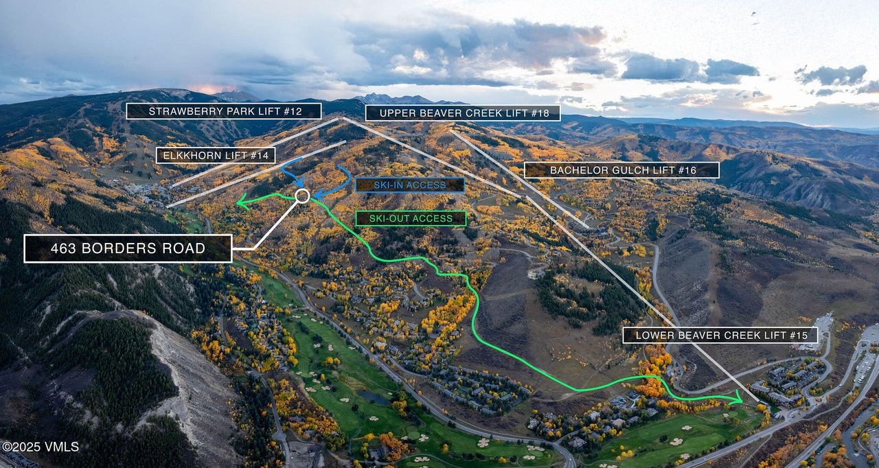 This aerial view showcases the property's prime location within a ski resort area. The image highlights ski-in/ski-out access, proximity to ski lifts (Strawberry Park Lift #12, Elkhorn Lift #14, Upper Beaver Creek Lift #18, Bachelor Gulch Lift #16, Lower Beaver Creek Lift #15), and potential for outdoor activities. The surrounding landscape includes a golf course and residences, presenting a desirable setting for prospective buyers.